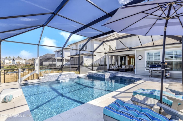 view of swimming pool with a patio area, grilling area, glass enclosure, an in ground hot tub, and an outdoor living space