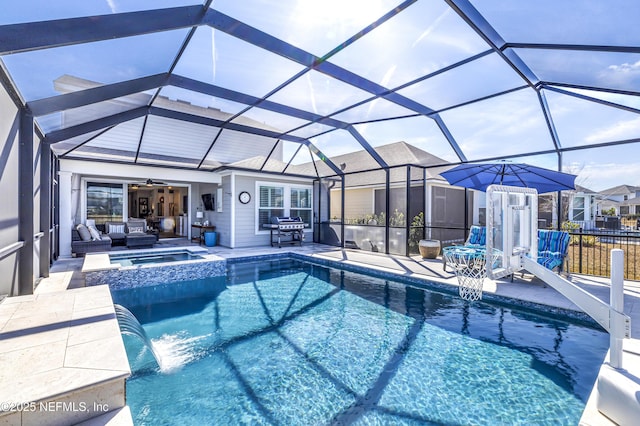 view of pool with an in ground hot tub, a lanai, an outdoor hangout area, grilling area, and a patio area