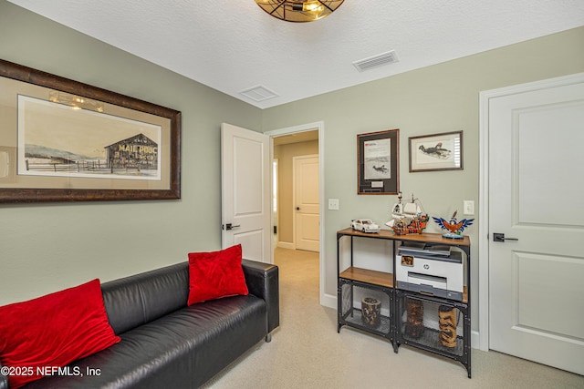 living area with light colored carpet and a textured ceiling