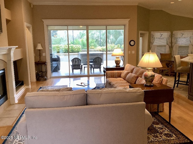 living area featuring lofted ceiling, a fireplace, and wood finished floors