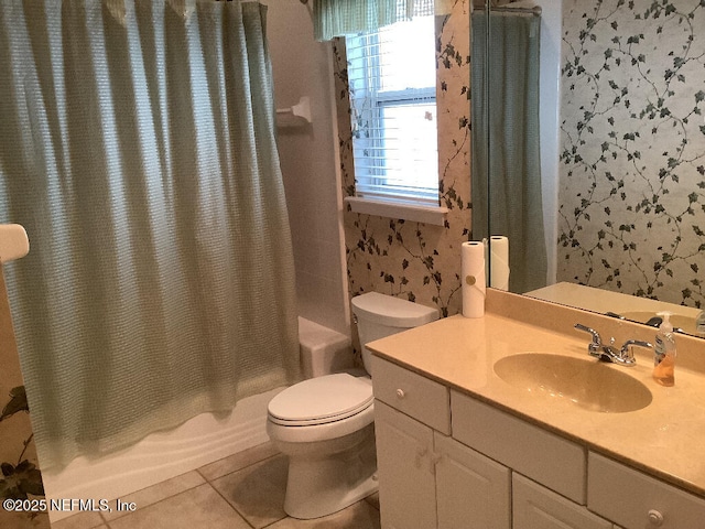 full bath with wallpapered walls, toilet, shower / tub combo with curtain, tile patterned floors, and vanity