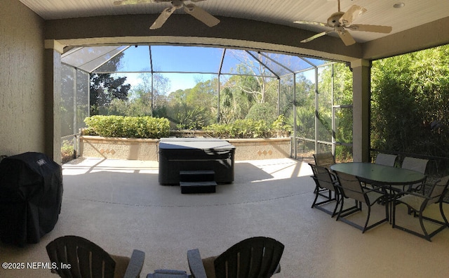 view of patio with outdoor dining space, a grill, a ceiling fan, and a lanai