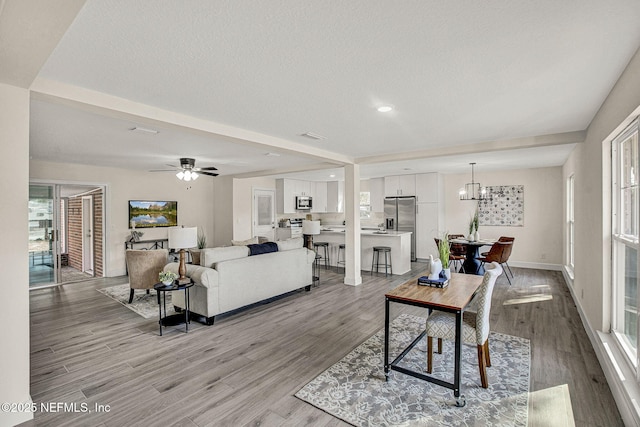 living room featuring ceiling fan with notable chandelier, hardwood / wood-style floors, and a textured ceiling