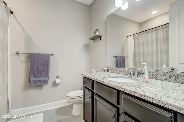 85248 Berryessa Way, Fernandina Beach, FL 32034 - bathroom featuring a shower with curtain, vanity, tile patterned floors, and toilet