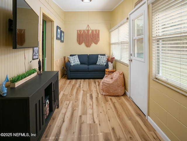 interior space with ornamental molding and light wood-type flooring