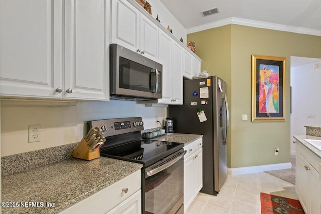 kitchen featuring crown molding, appliances with stainless steel finishes, white cabinets, and light stone counters