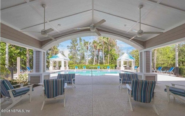 view of patio featuring a gazebo and ceiling fan