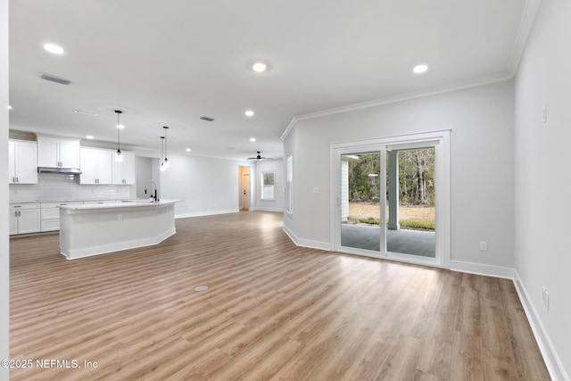 85034 Southern Creek Blvd, Fernandina Beach, FL 32034 - unfurnished living room with ceiling fan, ornamental molding, sink, and light hardwood / wood-style floors