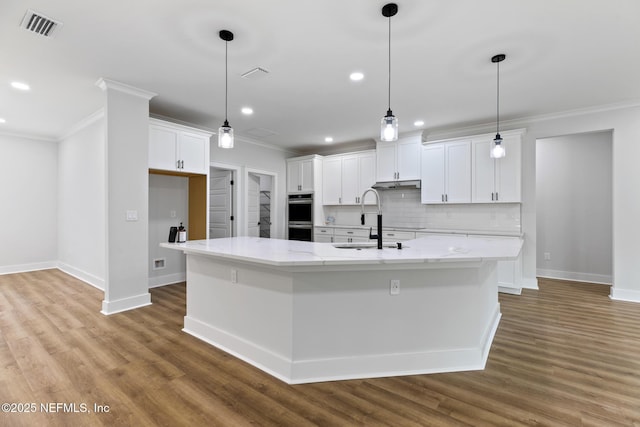 85034 Southern Creek Blvd, Fernandina Beach, FL 32034 - kitchen with an island with sink, white cabinets, decorative backsplash, hanging light fixtures, and ornamental molding