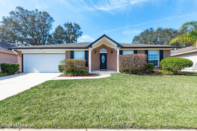 ranch-style home with a garage and a front lawn