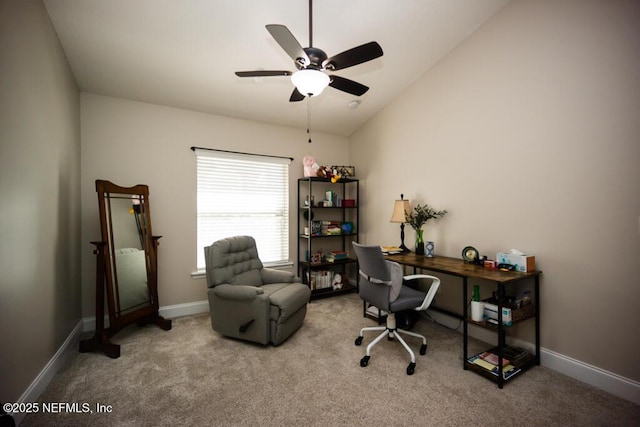 office area with lofted ceiling, light colored carpet, and ceiling fan