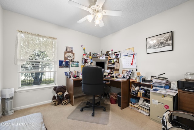 home office with ceiling fan, carpet, and a textured ceiling