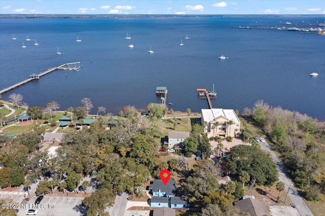 drone / aerial view featuring a water view