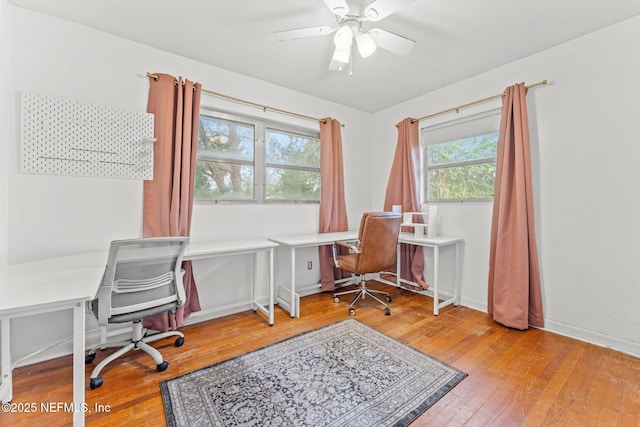 office area with hardwood / wood-style flooring and ceiling fan