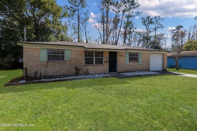 single story home featuring a garage and a front yard