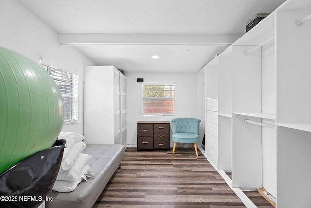 living area featuring plenty of natural light, dark hardwood / wood-style floors, and beam ceiling