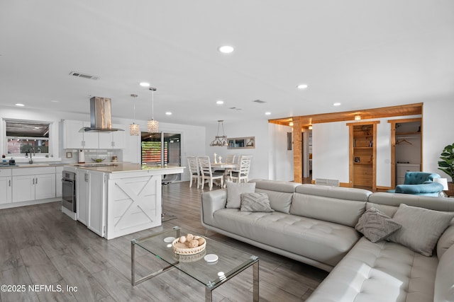 living room with sink and hardwood / wood-style floors