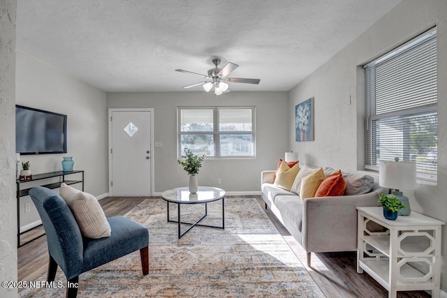 living room with hardwood / wood-style flooring and ceiling fan