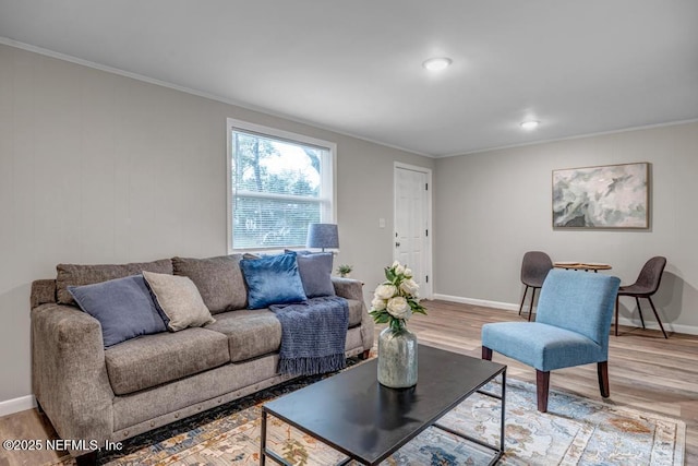 living room featuring ornamental molding and hardwood / wood-style floors