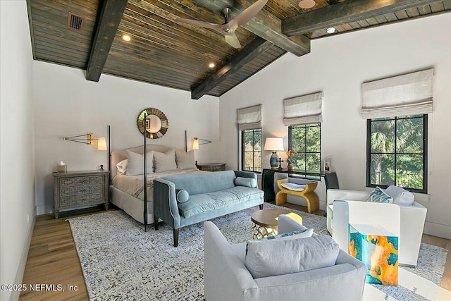 bedroom featuring high vaulted ceiling, beamed ceiling, wood-type flooring, ceiling fan, and wooden ceiling