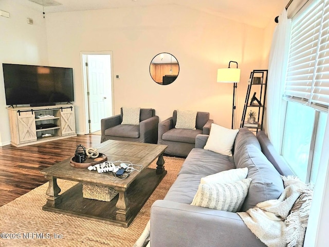 living room featuring wood-type flooring and vaulted ceiling