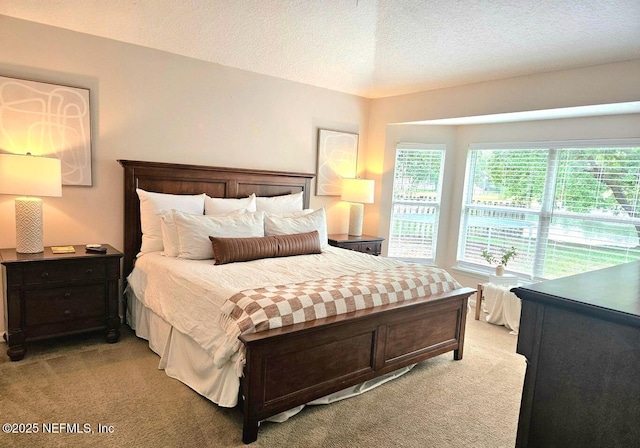 bedroom with lofted ceiling, light colored carpet, and a textured ceiling