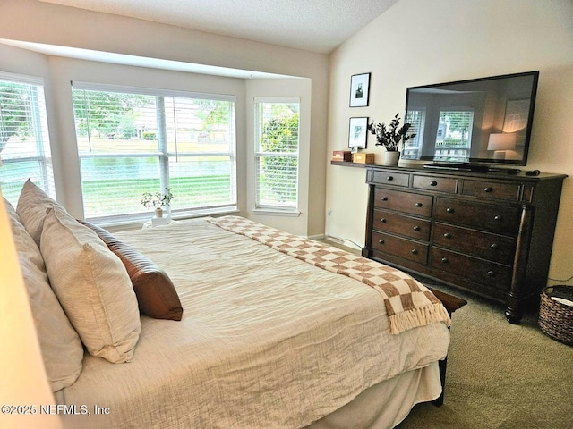 carpeted bedroom featuring multiple windows, vaulted ceiling, and a textured ceiling