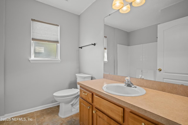 bathroom featuring vanity, tile patterned flooring, toilet, and a shower