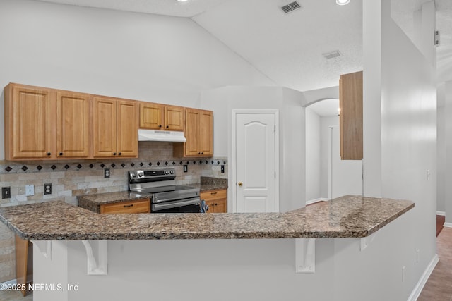 kitchen featuring dark stone countertops, stainless steel electric stove, kitchen peninsula, and a kitchen bar