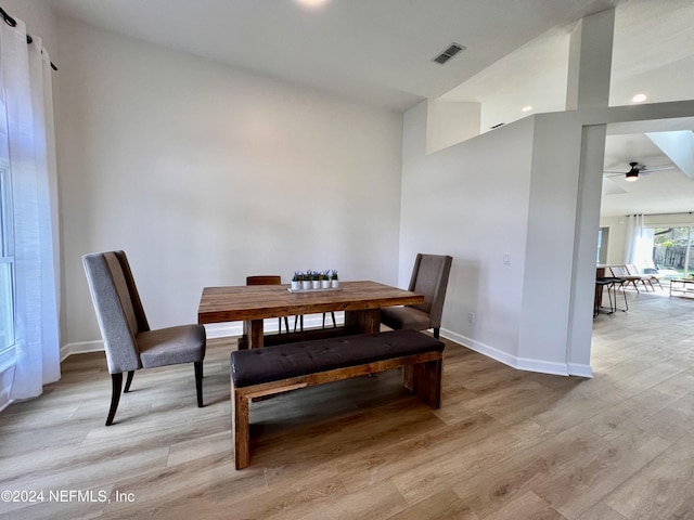 dining room featuring ceiling fan and light wood-type flooring