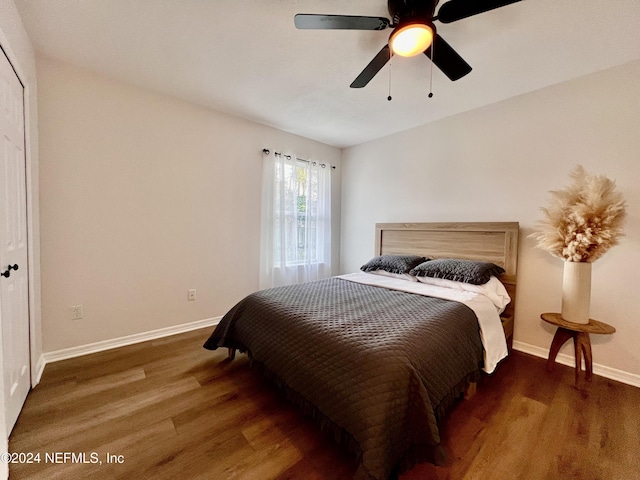 bedroom featuring ceiling fan and dark hardwood / wood-style floors