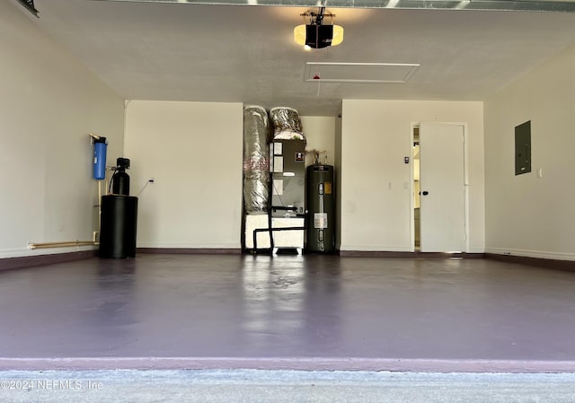 garage featuring a garage door opener, electric panel, electric water heater, and heating unit