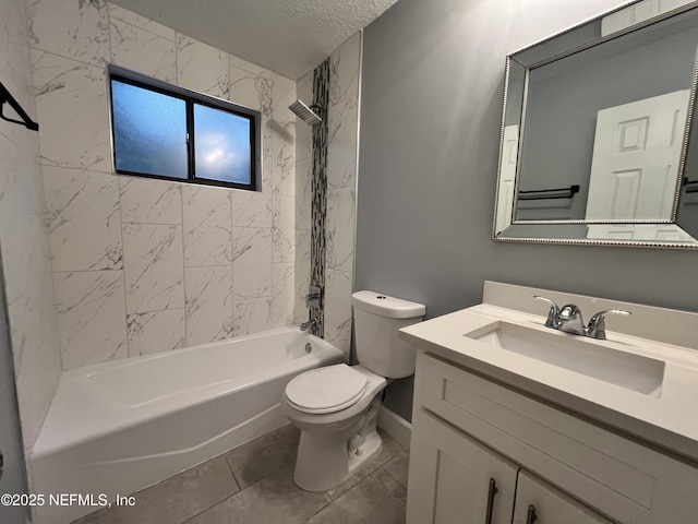 full bathroom featuring tiled shower / bath combo, vanity, a textured ceiling, and toilet