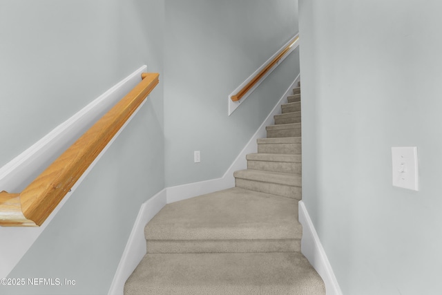 stairs featuring carpet flooring