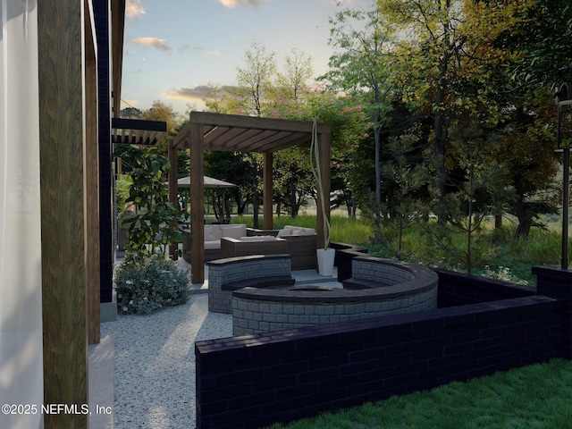 view of home's community with an outdoor living space, a patio, and a pergola