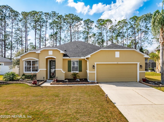 ranch-style house with a garage and a front lawn