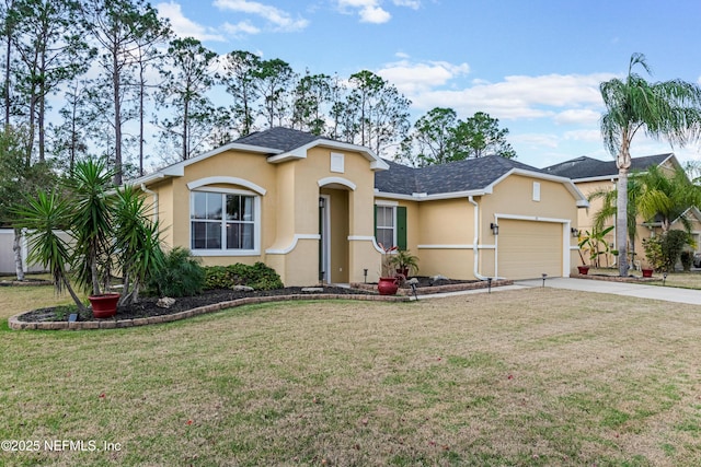 single story home featuring a garage and a front yard