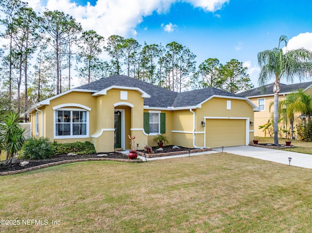 ranch-style home featuring a garage and a front yard