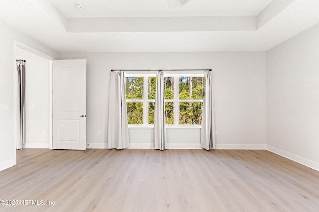 spare room featuring light hardwood / wood-style floors and a tray ceiling