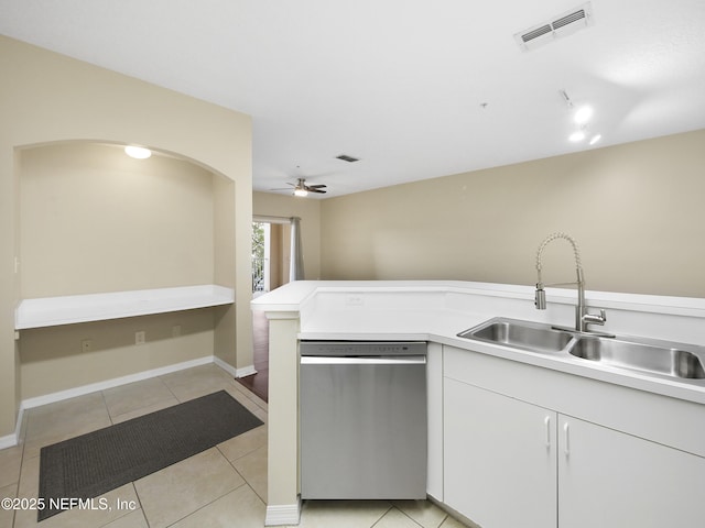 kitchen with visible vents, dishwasher, a sink, and light tile patterned flooring