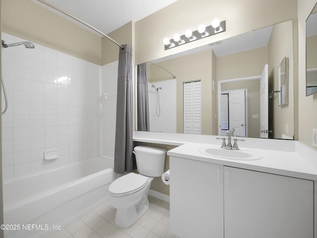 full bath featuring visible vents, shower / bathtub combination with curtain, toilet, vanity, and tile patterned floors