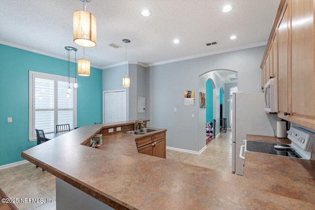 kitchen with sink, crown molding, decorative light fixtures, a textured ceiling, and white appliances