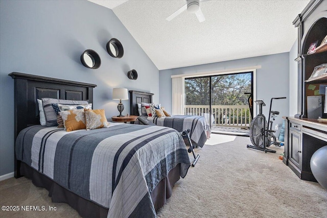 carpeted bedroom featuring ceiling fan, access to exterior, vaulted ceiling, and a textured ceiling