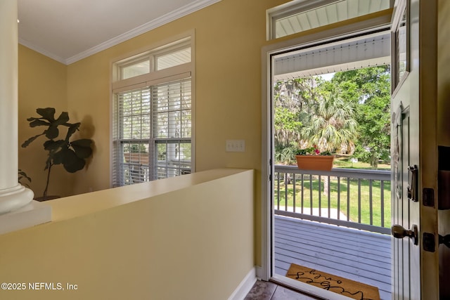 94202 Christopher Ln, Fernandina Beach, FL 32034 - entryway with decorative columns, ornamental molding, and a healthy amount of sunlight