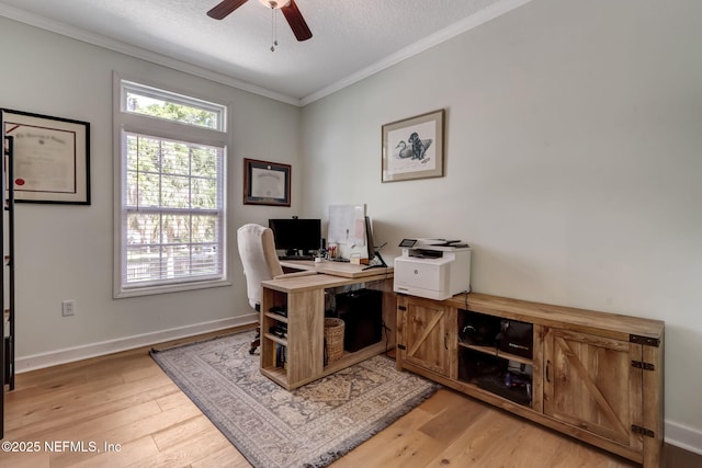 94202 Christopher Ln, Fernandina Beach, FL 32034 - office area with hardwood / wood-style floors, crown molding, a textured ceiling, and ceiling fan