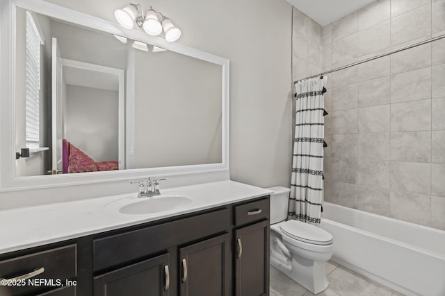 full bathroom with vanity, tile patterned floors, shower / bath combination with curtain, and toilet