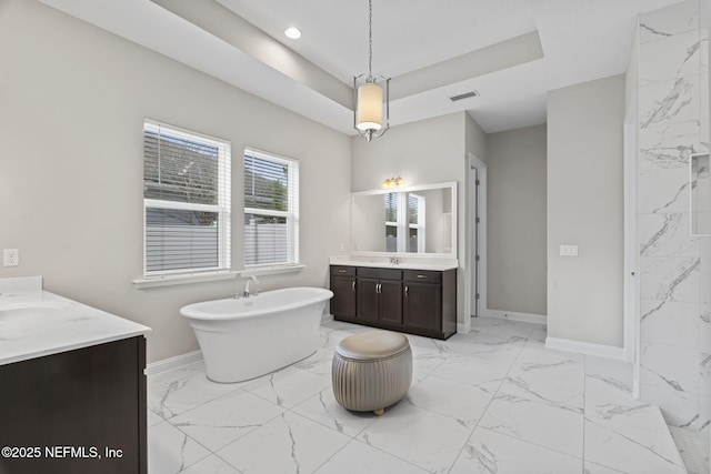 bathroom featuring vanity, a tub to relax in, and a tray ceiling