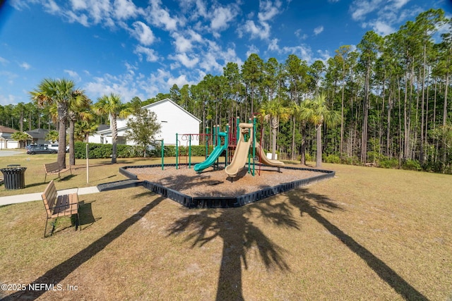 view of jungle gym featuring a yard