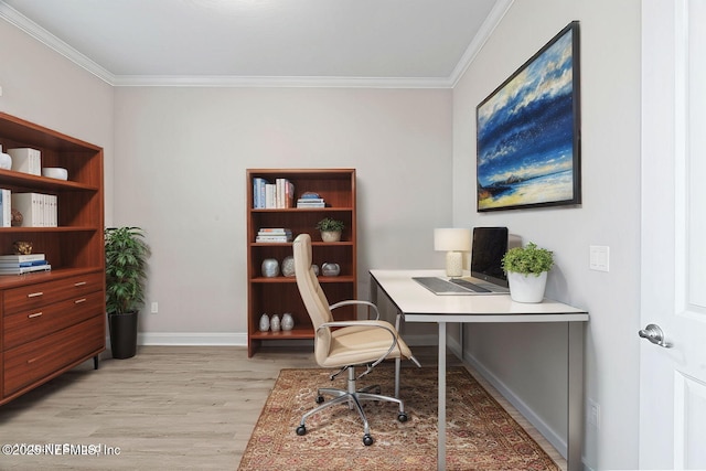 office with crown molding and light hardwood / wood-style flooring