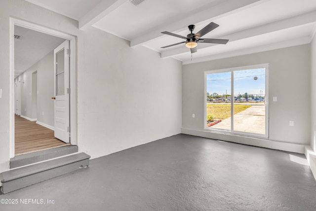 unfurnished room featuring beamed ceiling, concrete flooring, and ceiling fan